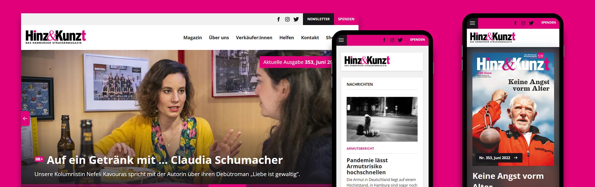 Auf rotem Hintergrund werden Seiten von der Hinz&Kunzt-Website gezeigt. In der rechten Hälfte des Bildes sind diese Seiten auf Mobiltelefonen zu sehen.