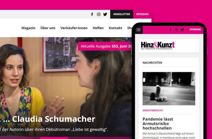 Auf rotem Hintergrund werden Seiten von der Hinz&Kunzt-Website gezeigt. In der rechten Hälfte des Bildes sind diese Seiten auf Mobiltelefonen zu sehen.