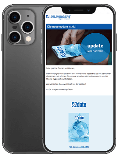 Smartphone Smartphone-Bildschirm zeigt Auschnitt der Newsletter-Webseite von Dr. Weigert