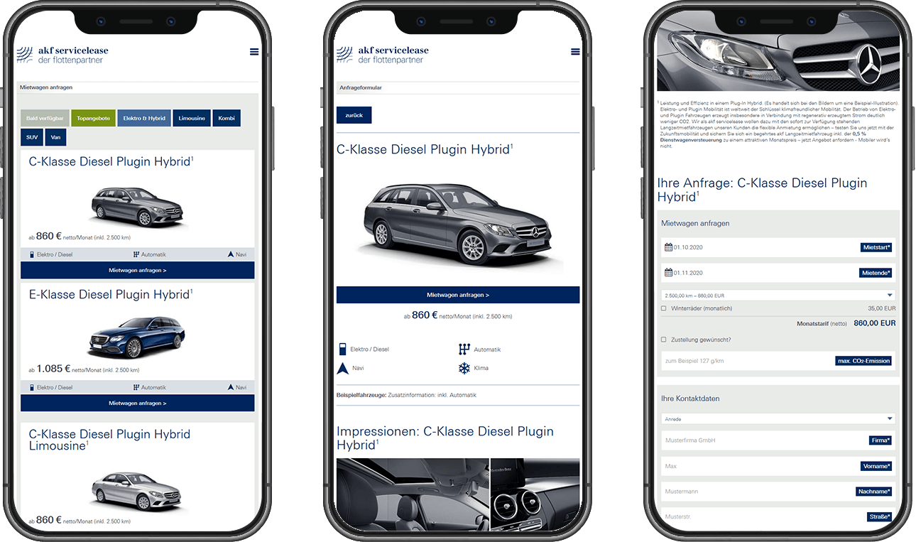 Smartphone Smartphone-Bildschirme zeigen Bildauschnitte der akf-servicelease Website