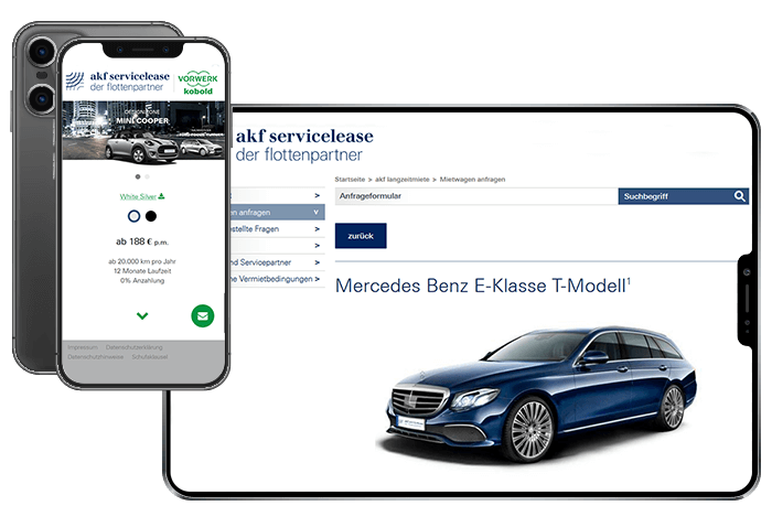 Mobile Endgeräte Smartphone- und Tabletbildschirm zeigen Bilder der akf-servicelease Website